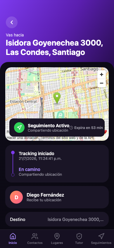 Detalle de un seguimiento activo con mapa y línea de tiempo